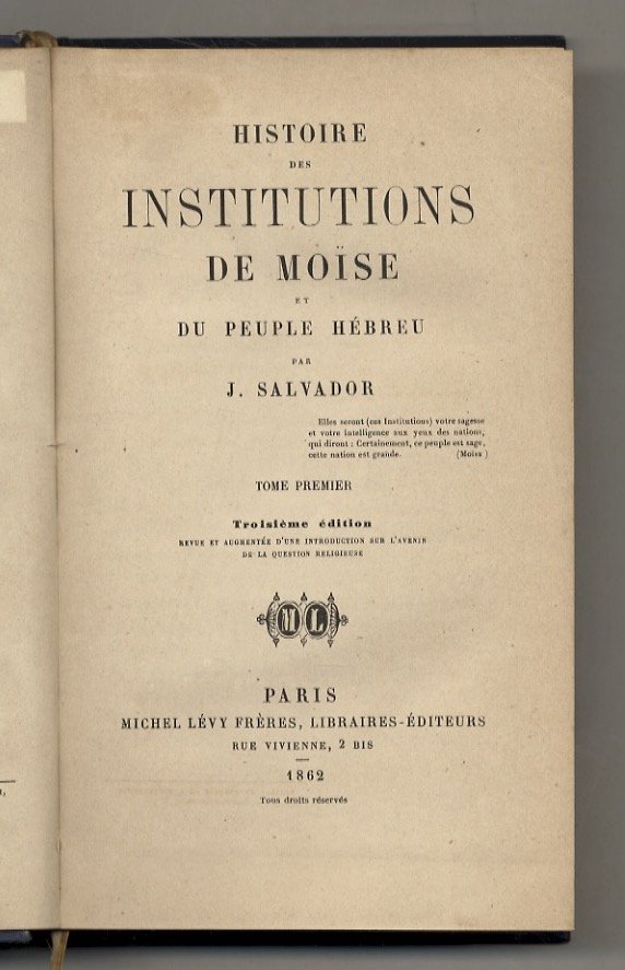 Histoire des Institutions de Moïse et du peuple hébreu. 3ème …