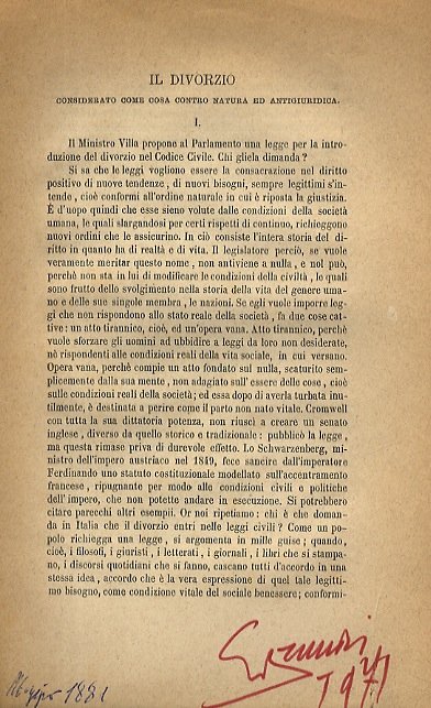 Il divorzio considerato come contro natura ed antigiuridico.