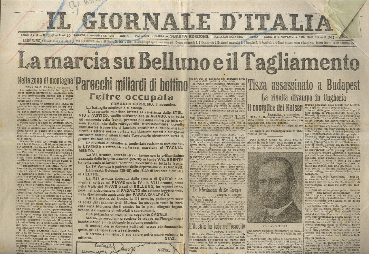 Il Giornale d'Italia. Sabato 2 novembre 1918. Quarta edizione. [In …