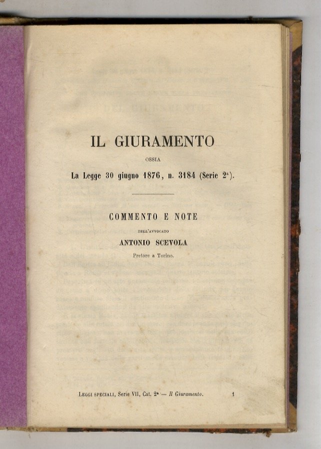 Il giuramento, ossia la Legge 30 giugno 1876, n. 3184 …