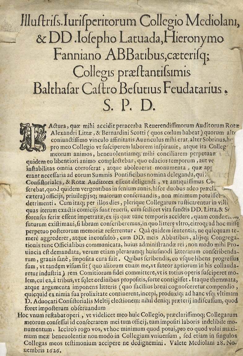 Illustriss. Iurisperitorum Collegio Mediolani, & DD. Iosepho Latuada, Hieronymo Fanniano …