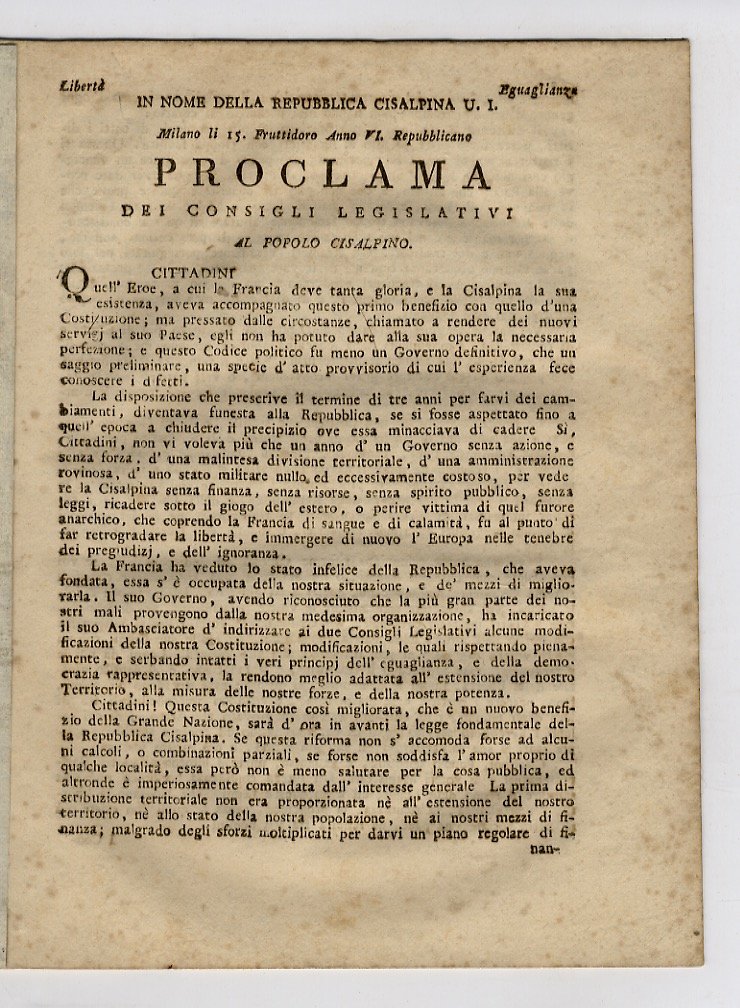 IN nome della Repubblica Cisalpina U.I., Milano li 15 fruttidoro …