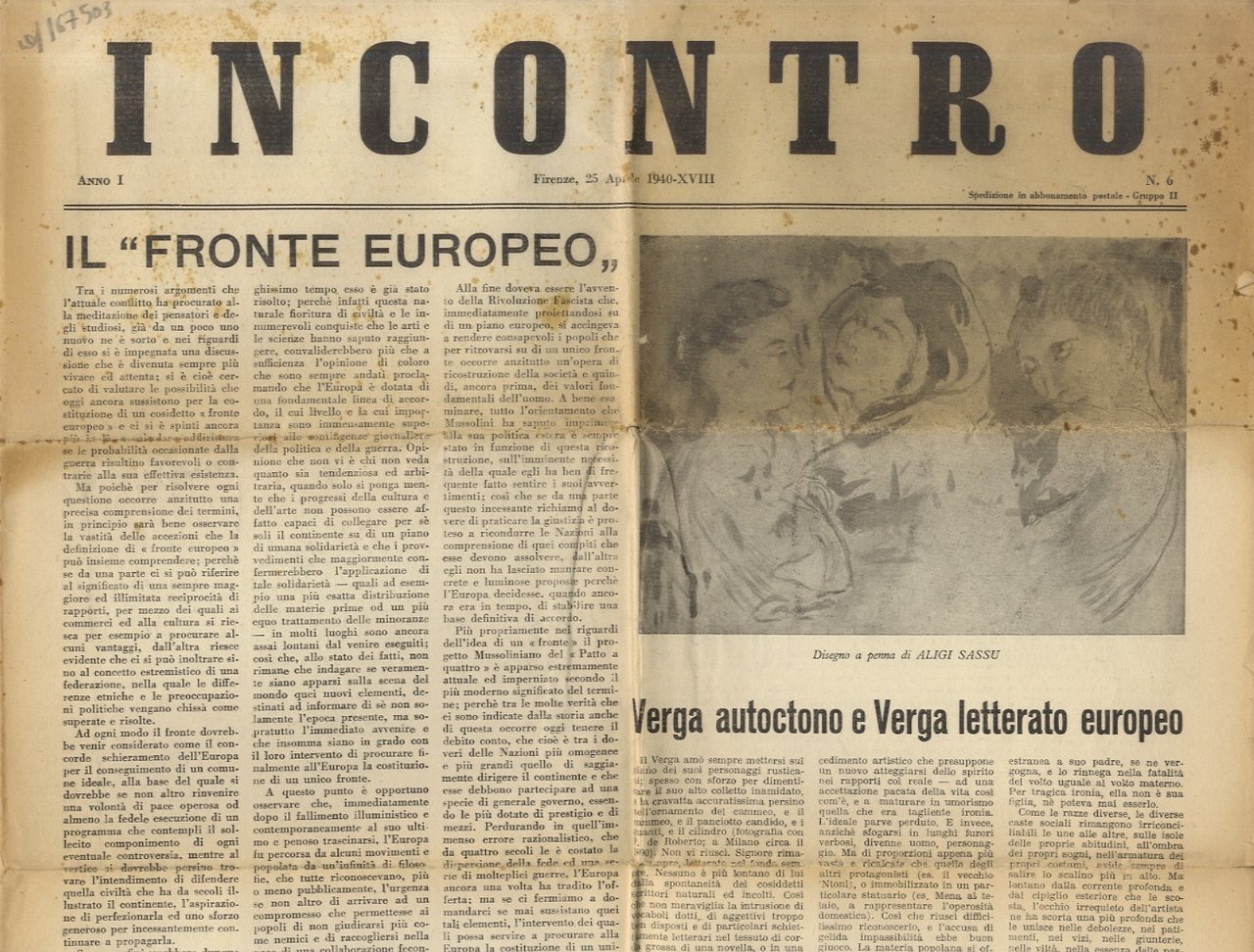 Incontro. Anno I. N. 6. Firenze, 25 aprile 1940.