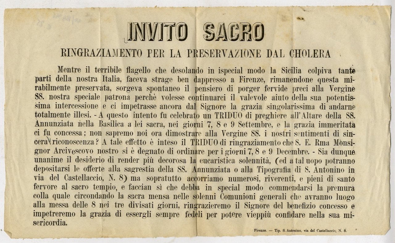 INVITO Sacro. Ringraziamento per la preservazione dal cholera. Mentre il …