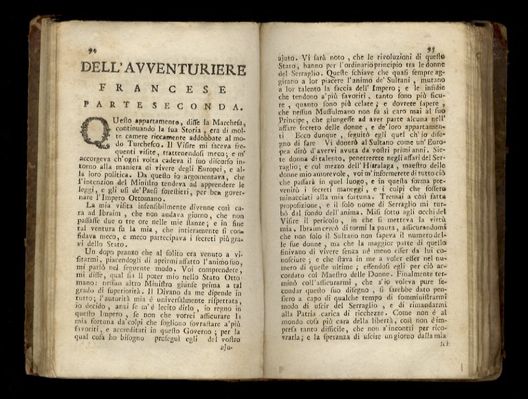 L'Avventuriere francese. Storia piacevole. Venezia, Giammaria Bassaglia, 1782, pp. VIII, …