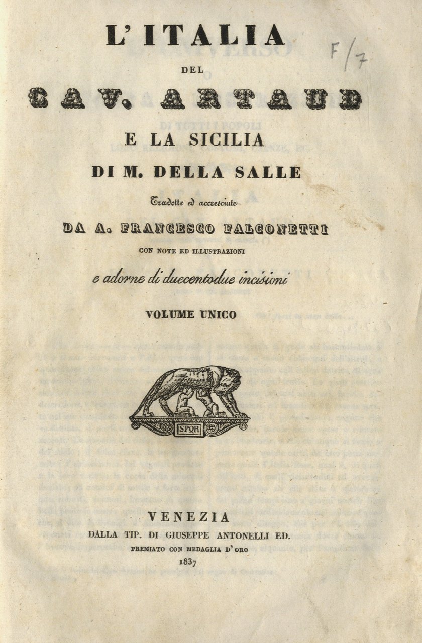L'Italia e la Sicilia. Tradotte ed accresciute da A.F. Falconetti. …