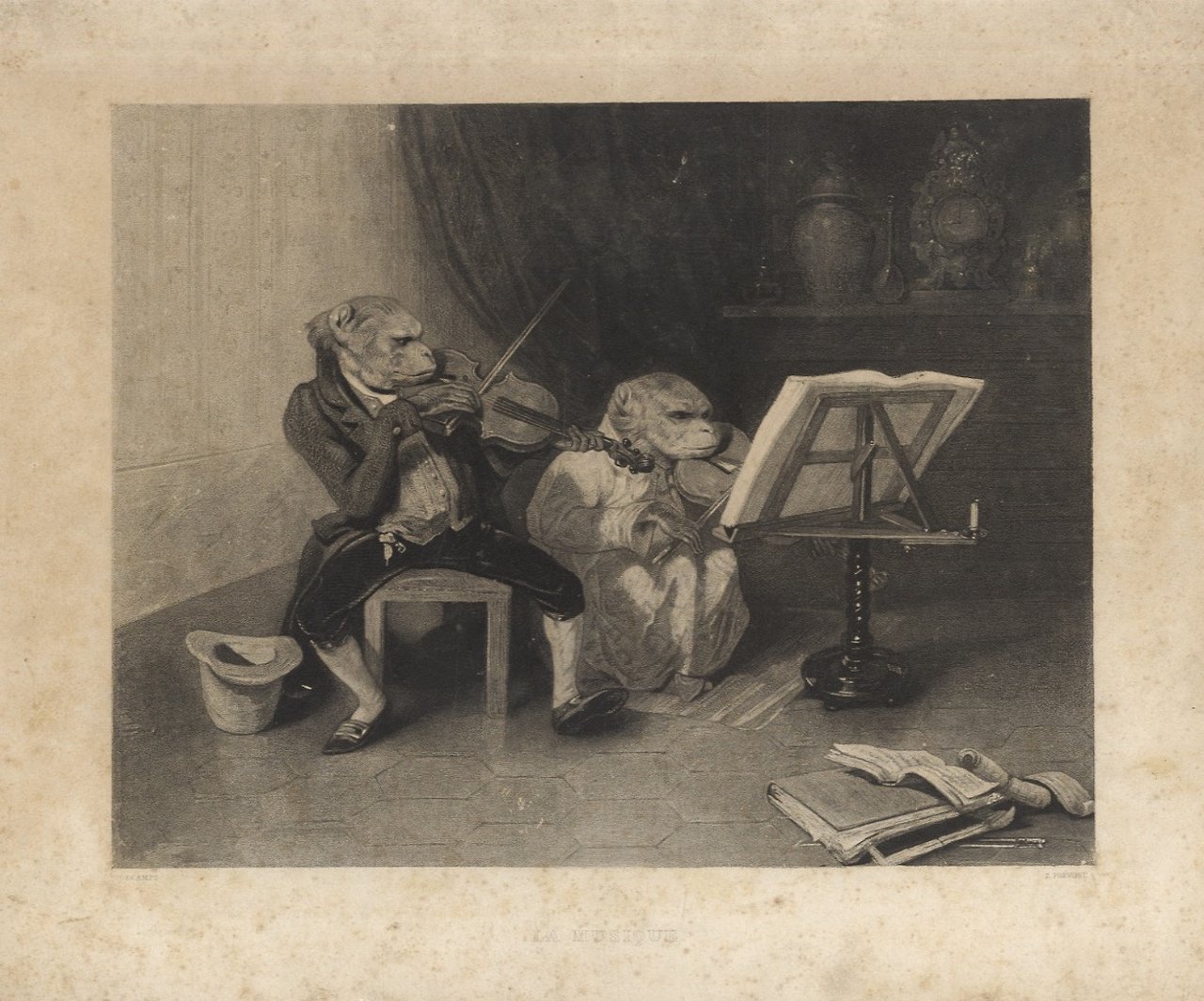 La Musique. Raffigurata con due scimpanzé che suonano il violino, …