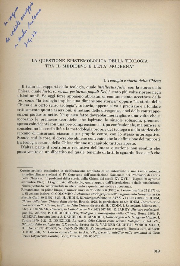 La questione epistemiologica della teologia tra il medioevo e l'età …