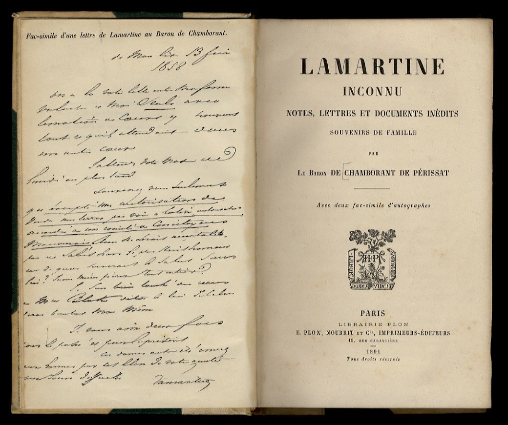 Lamartine inconnu. Notes, lettres et documents inédits. Souvenirs de famille. | Immagine principale