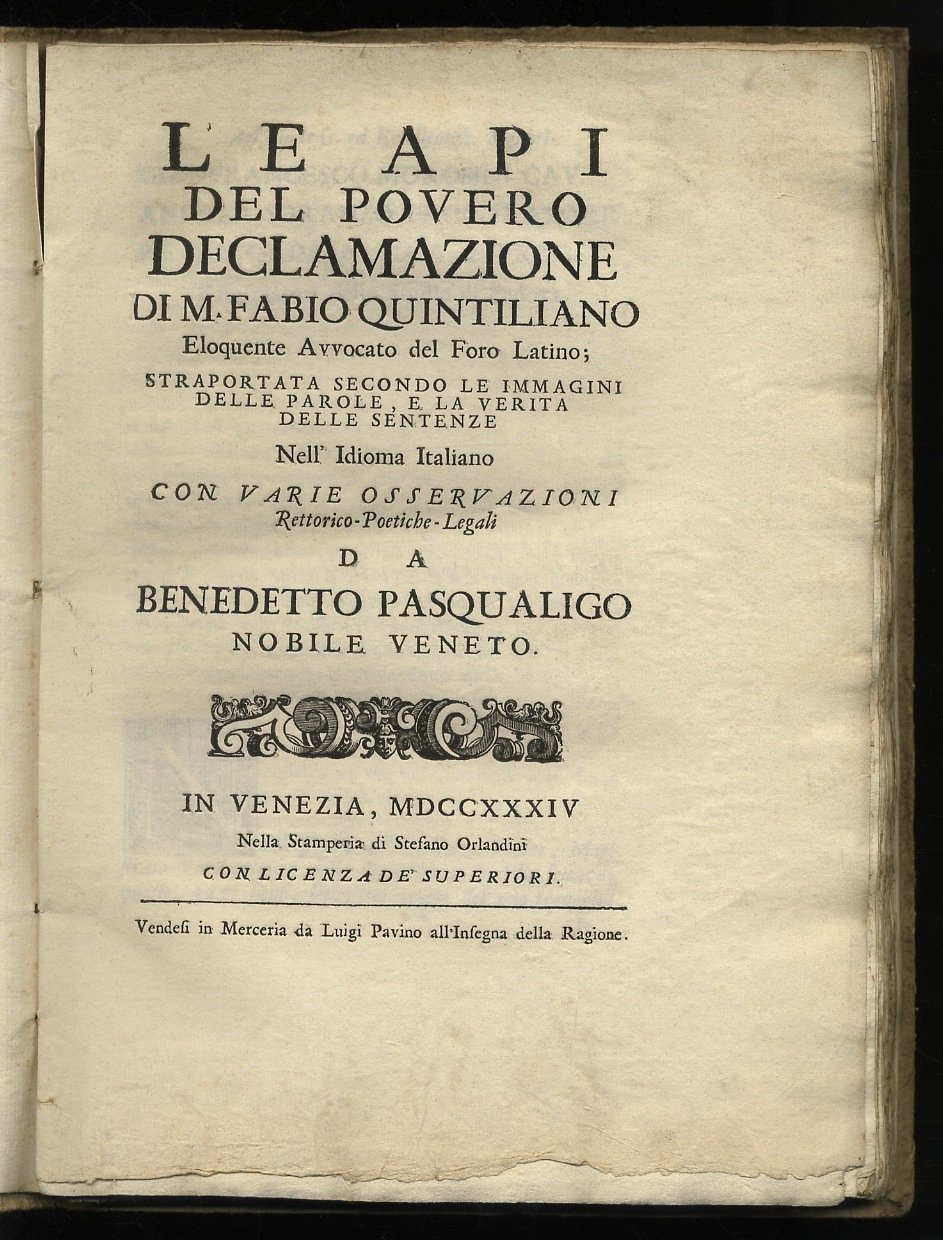 Le Api del povero declamazione di M. Fabio Quintiliano eloquente …