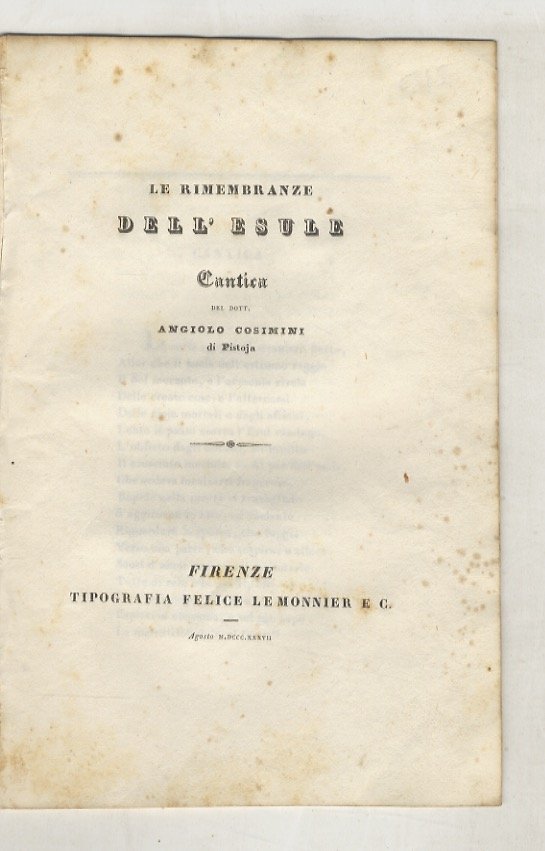 Le rimembranze dell'esule. Cantica del dott. Angiolo Cosimini di Pistoia.