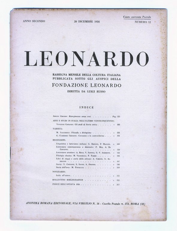 LEONARDO. Rassegna mensile della coltura italiana pubblicata sotto gli auspici …