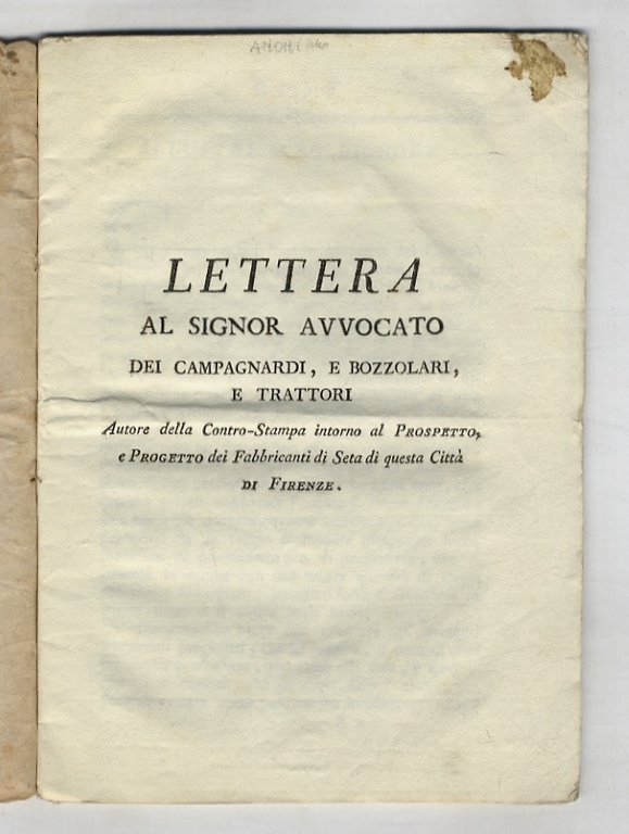 LETTERA al signor Avvocato dei Campagnardi, e Bozzolari e Trattori, … | Immagine Gallery 1