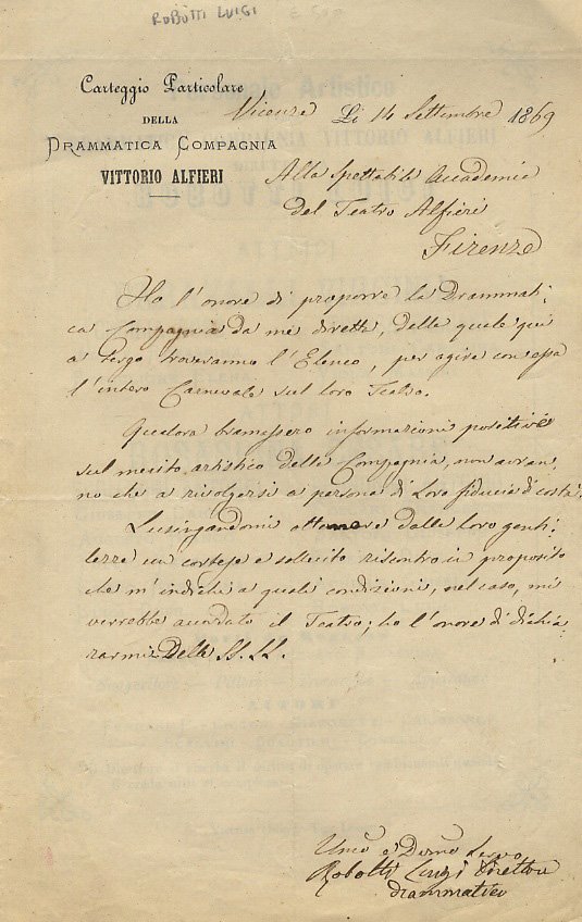 Lettera autografa firmata, datata 14 settembre 1869, su carta intestata: …