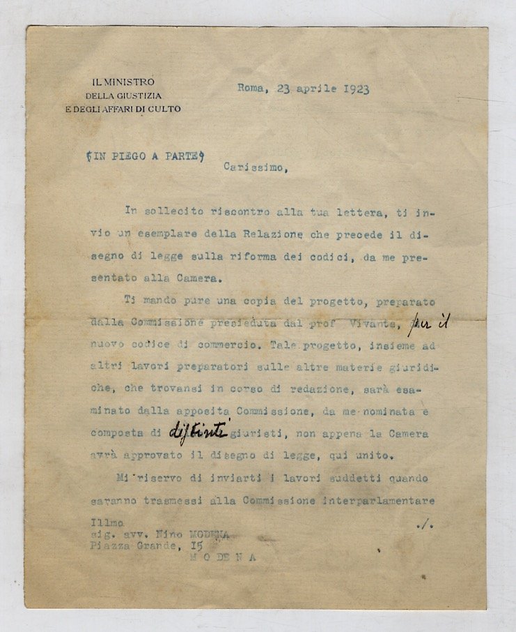 Lettera dattiloscritta, con firma autografa, stesa su una facciata d'un …