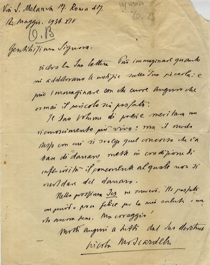 Lettera manoscritta autografa, firmata, datata "12 maggio 1936 - XIV", …