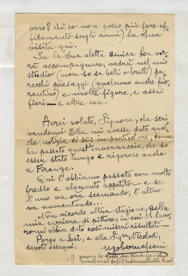 Lettera manoscritta autografa, firmata, indirizzata a Margherita Langer a Firenze, …