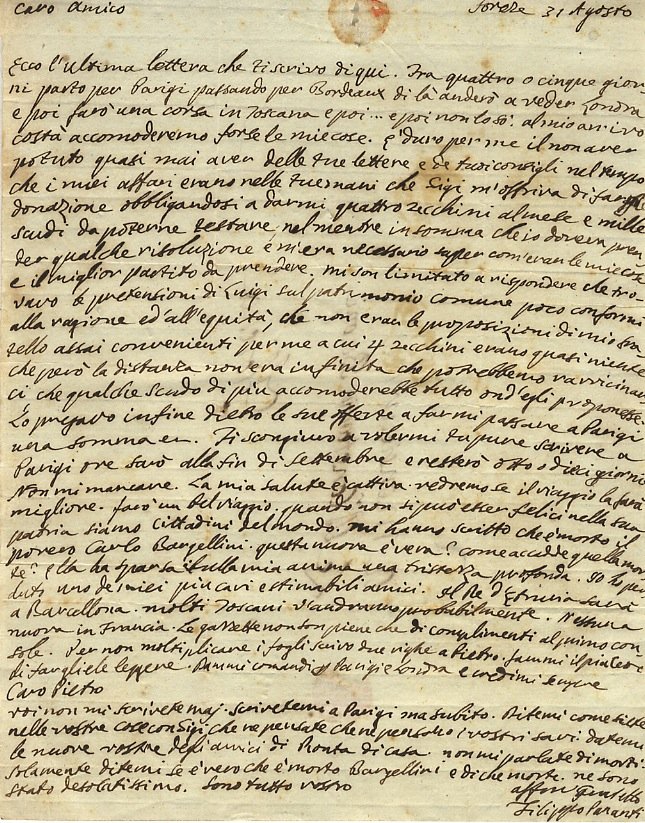 Lettera manoscritta autografa, firmata, indirizzata a monsieur Constantin Buoni, Florence, …