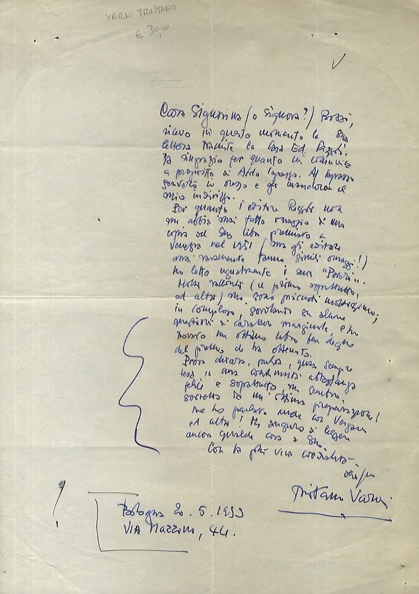 Lettera manoscritta autografa, firmata, indirizzata alla scrittrice Elda Bossi, stesa …