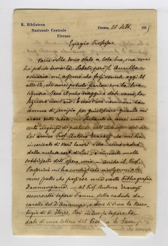 Lettera manoscritta autografa, firmata, stesa su due facciate, datata: Firenze …