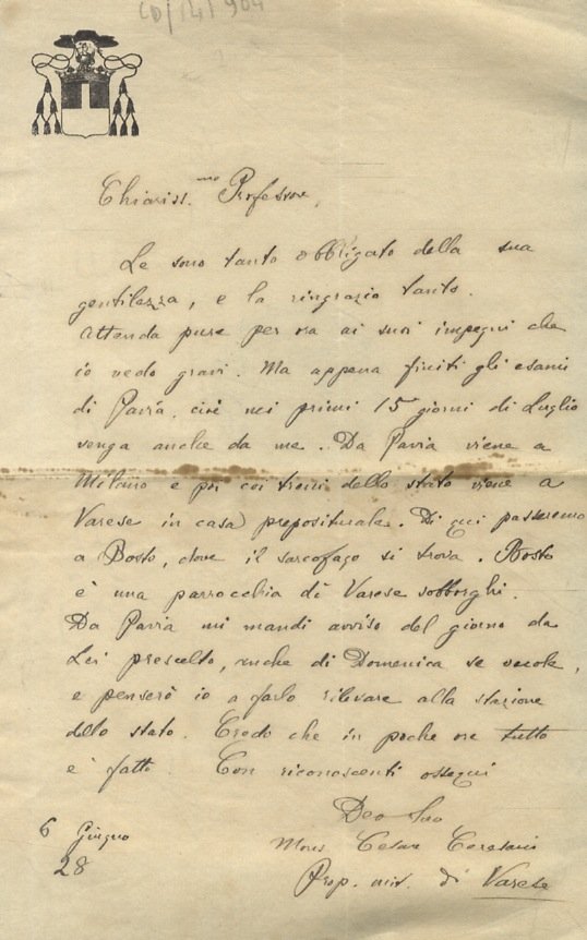 Lettera manoscritta autografa, firmata, stesa su una facciata, datata: "6 …