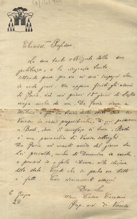 Lettera manoscritta autografa, firmata, stesa su una facciata, datata: "6 giugno '28". Destinatario non esplicitato (ma si tratta dell'antropologo fiorentino Nello Puccioni): "Chiarissimo Professore, Le sono tanto obbligato della sua gentilezza, e la ringrazio tanto. Attenda pure per ora ai suoi impegni che io vedo gravi. Ma appena finiti [.] cioè nei primi 15 giorni di Luglio venga anche da me. Da Pavia viene a Milano e poi coi treni dello stato viene a Varese in casa prepositurale. Da qui passeremo a Bosto dove il sarcofago si trova [.]."