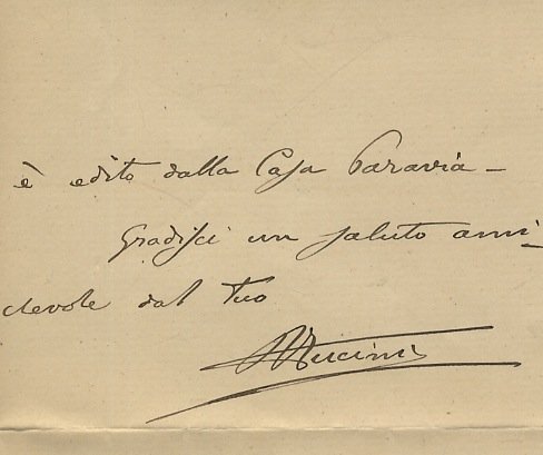 Lettera manoscritta autografa firmata, su tre facciate, datata Firenze, 29 ottobre 1901, inviata a Pietro Marchi, preside dell'Ist. Tecnico Galileo Galilei di Firenze: "Caro Marchi, il pittore Marco Calderini di Torino ha pubblicato un importante lavoro biografico-critico sul Fontanesi. Pensando che questo bel libro, pregevole anche per le sue ricche illustrazioni, possa essere un utile ornamento della biblioteca che fa parte del tuo istituto modello te ne propongo l'acquisto con la certezza di fare una cosa buona [.] Per tua regola il libro è intitolato Antonio Fontanesi pittore paesista ed è edito dalla casa Paravia [.].