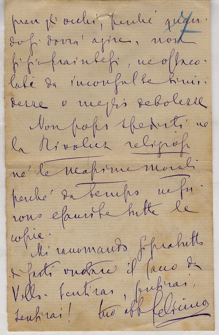 Lettera manoscritta autografa firmata (tuo aff. Felicino), indirizzata a Luigi …