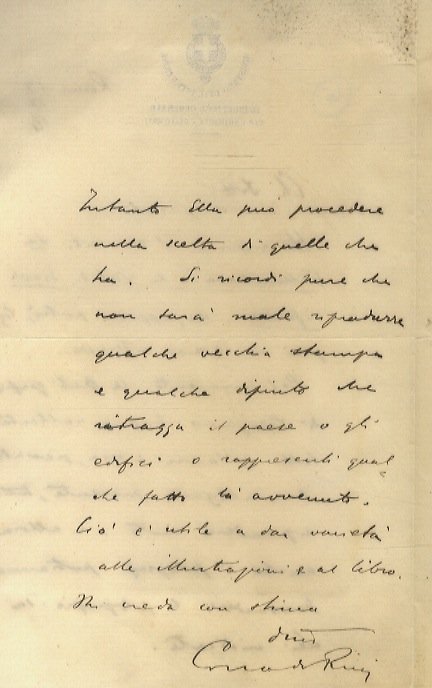 Lettera manoscritta autografa su carta intestata "Ministero dell'Istruzione, Il Direttore Generale per l'Antichità e Belle Arti", su due facciate, datata Roma 13-09-1914 indirizzata a Nello Puccioni (il cui nome non è esplicitato nel testo). Nello scritto Ricci avverte il Puccioni di aver ricevuto il suo manoscritto "La Vallombrosa e la Val di Sieve Inferiore" e che appena potrà lo leggerà con interesse. "Pel momento le Arti Grafiche di Bergamo hanno rallentato tutti i lavori; ma, passato il cataclisma presente, tutto riprenderà moto". In attesa che le Arti Grafiche provvedano al corredo illustrativo per quanto spetta a loro, il Ricci esorta il Puccioni a procedere nella scelta di quelle illustrazioni che ha già.