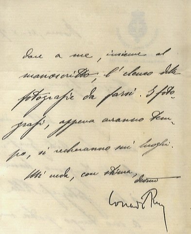 Lettera manoscritta autografa, su due facciate (foglio di piccolo formato intestato: "Ministero dell'Istruzione, Il Direttore Generale per l'Antichità e Belle Arti"). Datata Roma 24-X-07, indirizzata a Nello Puccioni (nome non esplicitato nel testo), lo avverte che l'Istituto d'Arti Grafiche di Bergamo ha i suoi fotografi e che il Puccioni potrà far recapitare a lui, con il manoscritto (la monografia su Vallombrosa), anche l'elenco delle fotografie da farsi.