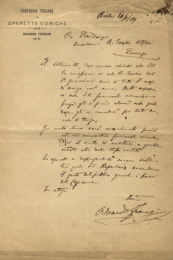 Lettera manoscritta autografa, su una facciata, su carta intestata: Compagnia …