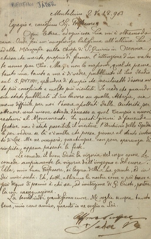 Lettera manoscritta in chiarissima grafia (forse di segretario), con firma …