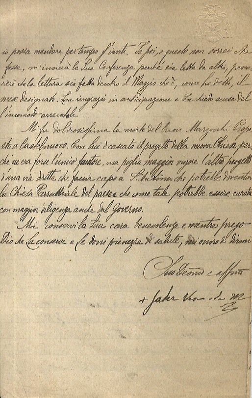 Lettera manoscritta in chiarissima grafia (forse di segretario), con firma …