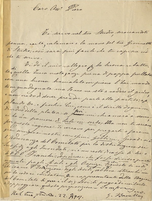 Lettera, scritta da segretario, con firma autografa, su una facciata, …