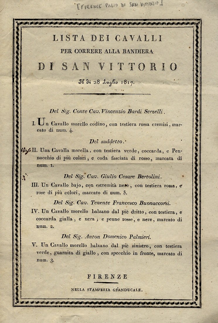 Lista dei cavalli per correre alla bandiera di San Vittorio …