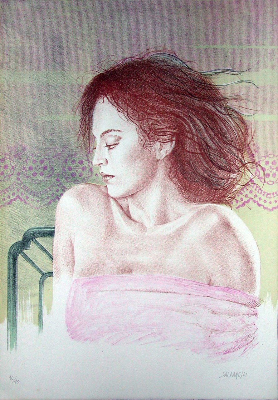 Litografia originale (cm. 35x50) raffigurante giovane donna dal profilo voltato …