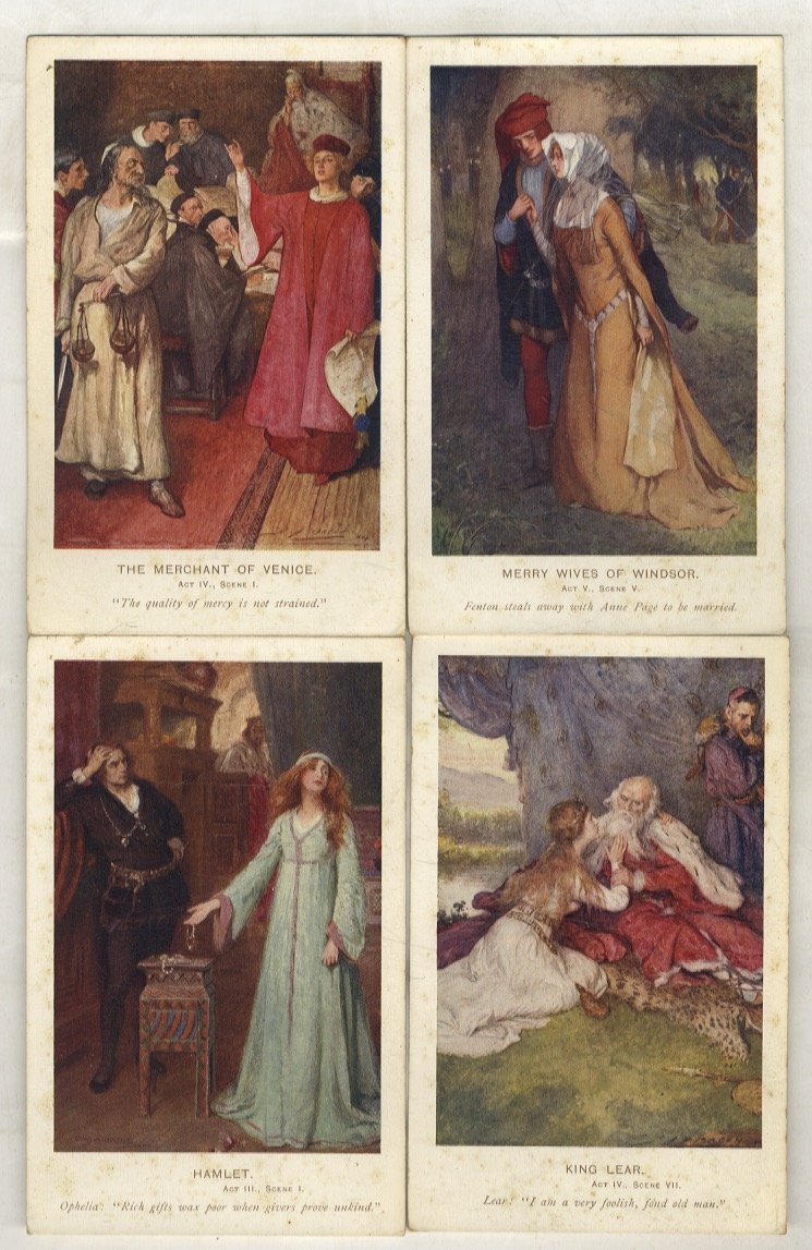 LOTTO di quattro cartoline recanti illustrazioni da opere di Shakespeare, …