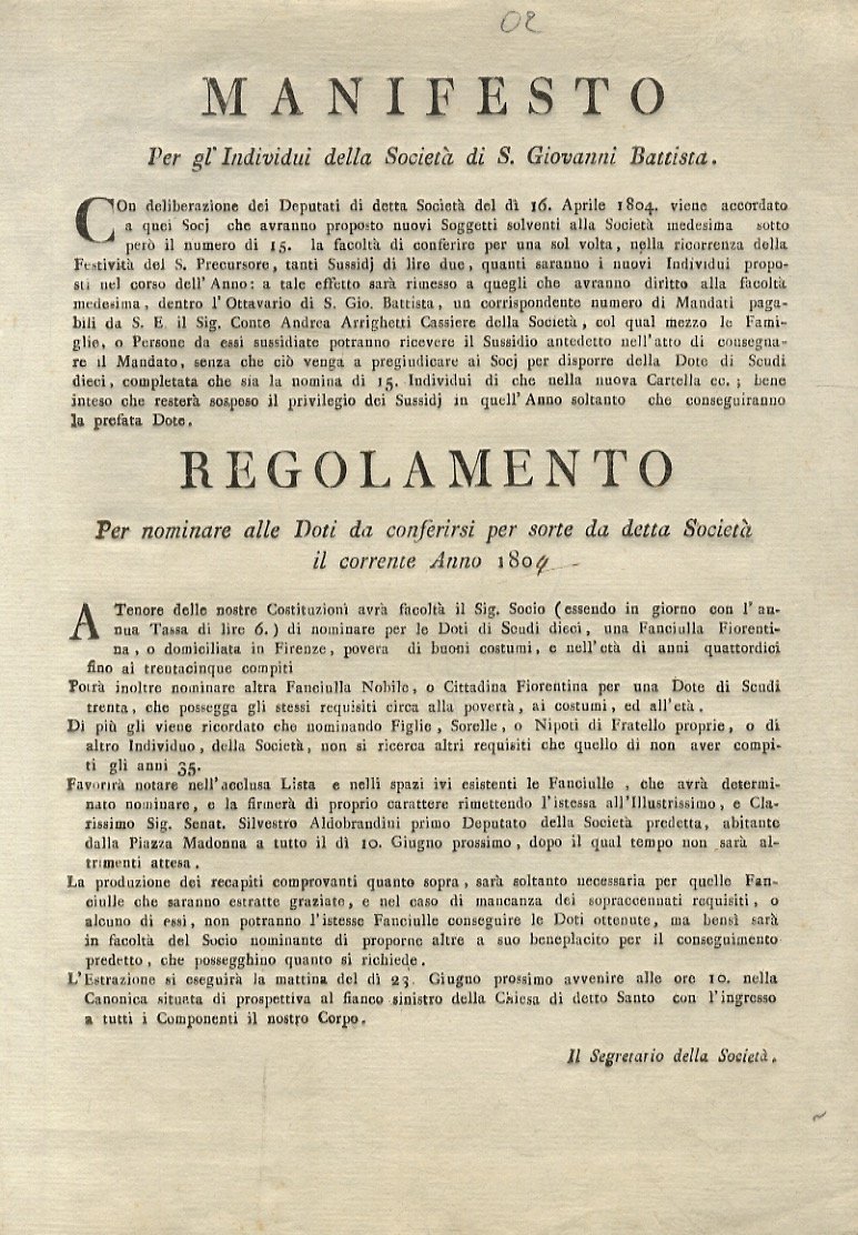 MANIFESTO per gl'Individui della Società di S. Giovanni Battista (Firenze). …