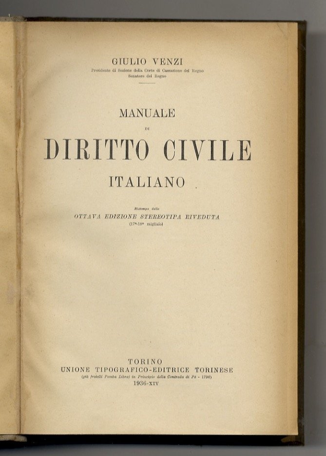 Manuale di diritto civile italiano. Ottava edizione stereotipa riveduta.