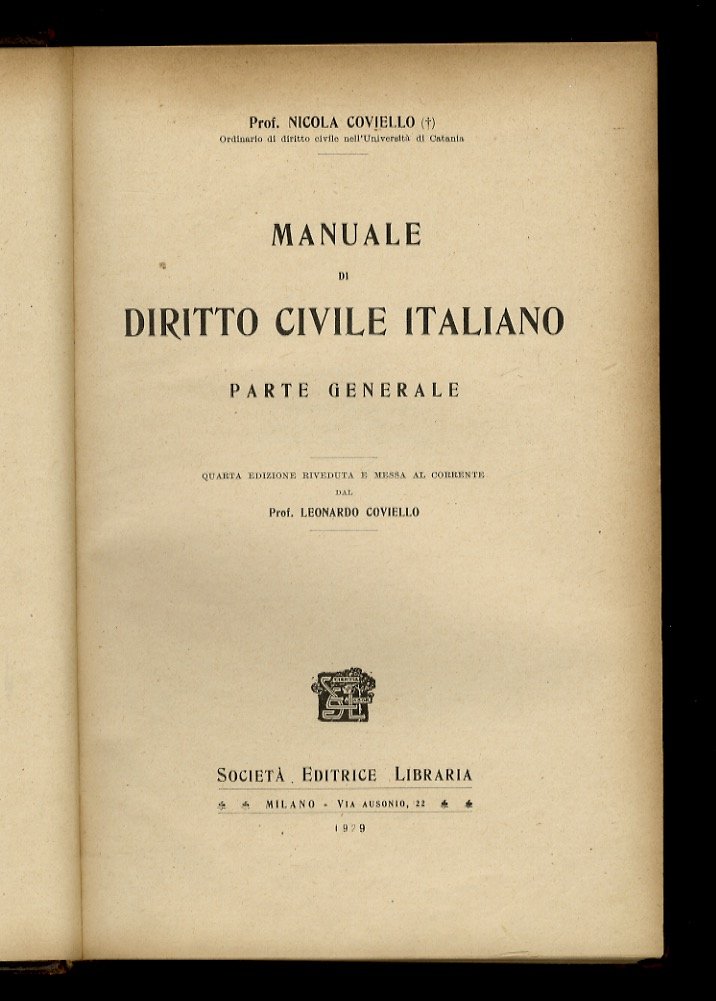 Manuale di diritto civile italiano. Vol. I: parte generale [unico …