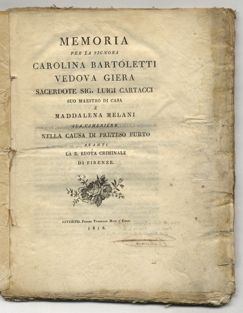 Memoria per la Signora Carolina Bartoletti vedova Giera, Sacerdote Sig. …