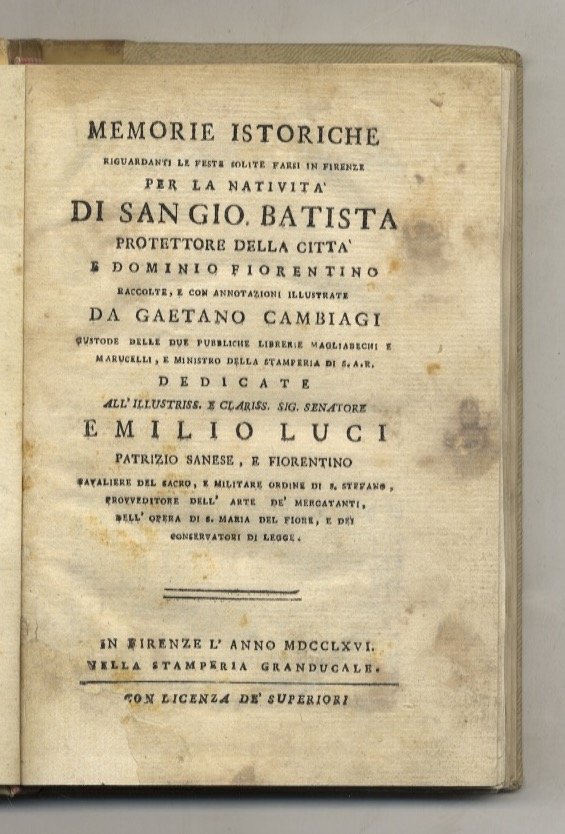 Memorie istoriche riguardanti le feste solite farsi in Firenze per … | Immagine principale