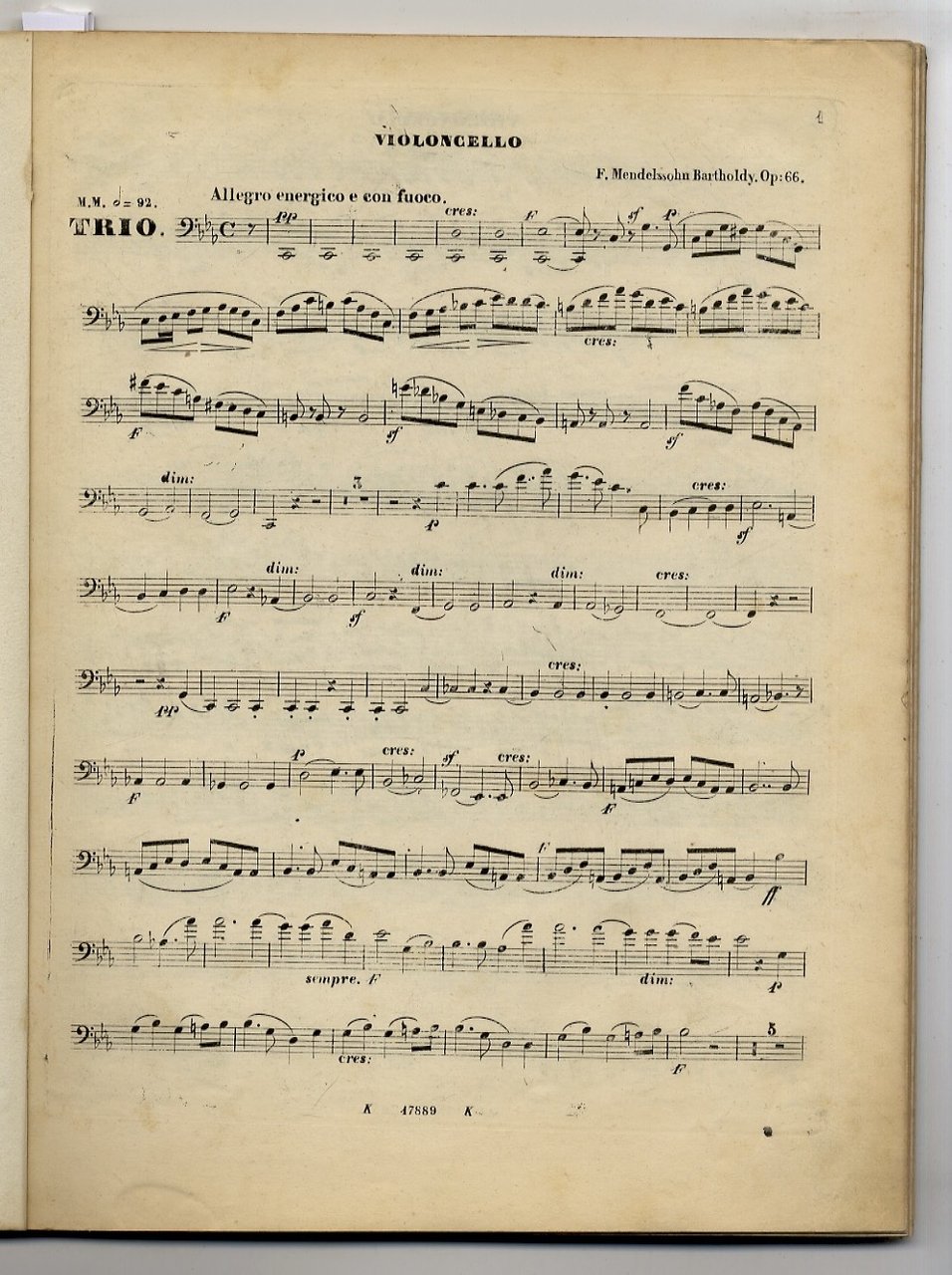 MENDELSSOHN BARTHOLDY Felix, Piano Trio Op. 66, pp. 12. (Composto …