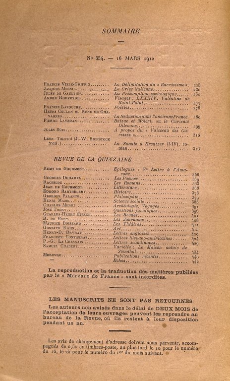 Mercure de France. N. 354. Tome XCVI. 16 Mars 1912.