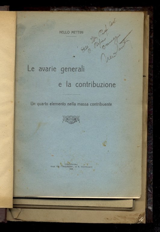 Mettini Nello. Le avarie generali e la contribuzione. [Legato con:] THOMAS Antoine. Les acconiers. [Legato con:] Orlando Castellano C. Un caso di inammissibilità dell'azione di avaria comune. [Legato con:] Berlingieri Francesco. Nuove note sulle regole dell'Aia, 1921. [Legato con:] Luzzati Aldo. Avarìa. [Legato con:] De Biase Ernesto. Le tratte documentate. [Legato con:] Artelli Filippo. Le regole di York ed Anversa. Il codice di commercio [.]. [Legato con:] Giannini Torquato C. Contenuto e sistema del progetto di nuovo codice marittimo. [Legato con:] Berlingieri Francesco. Il credito navale. [Legato con:] Giordano Antonio. I problemi della Marina Mercantile Italiana.