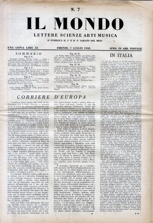 MONDO (IL). Lettere, scienze, arte, musica. [Direttore: Alessandro Bonsanti] Anno …