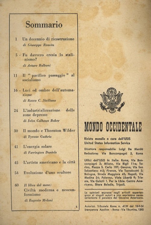 MONDO occidentale. Rivista mensile a cura dell'USIS, United States Information …