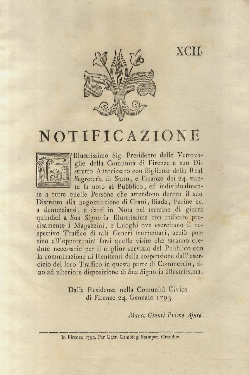 “Motuproprio”. L'Illustrissimo Sig. Presidente delle Vettovaglie della Comunità di Firenze …