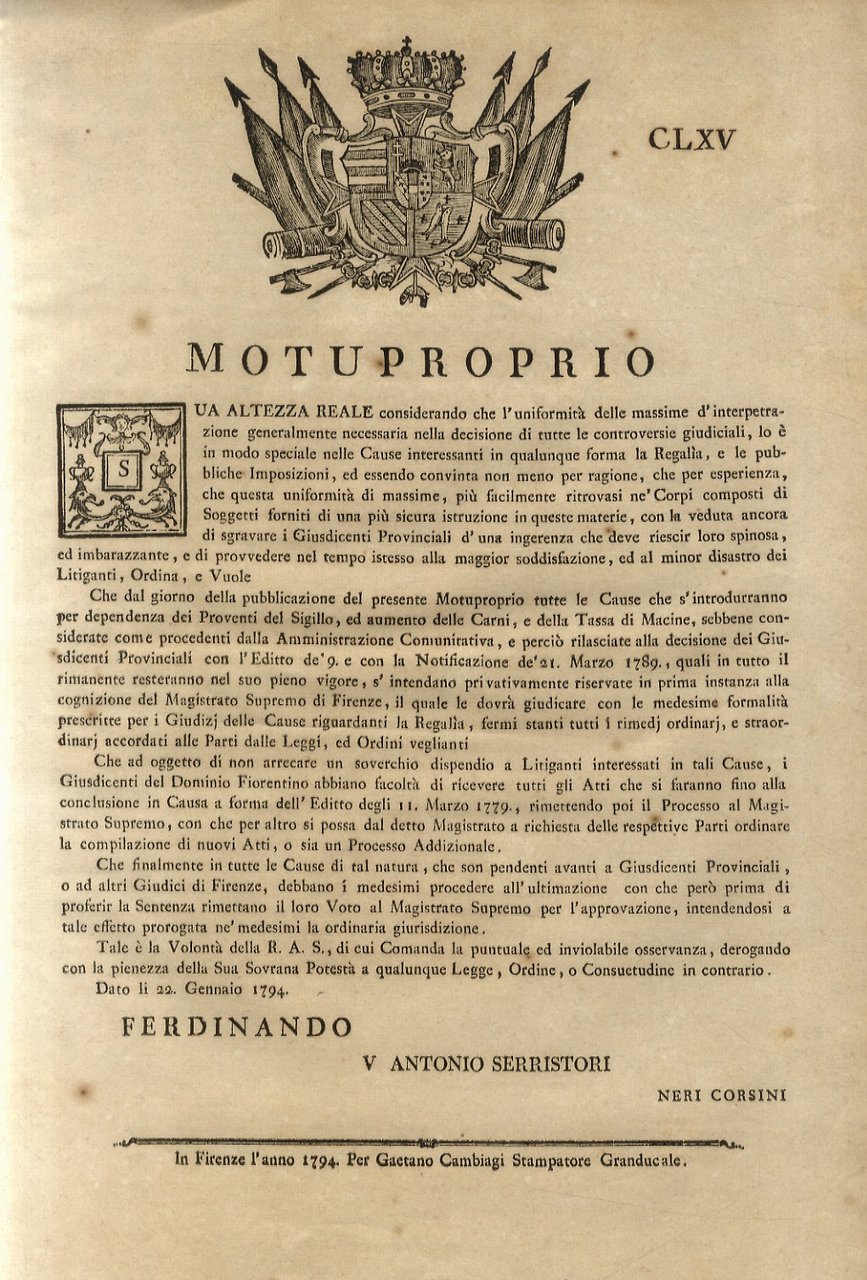 “Motuproprio”. Sua Altezza Reale. Ordina che dal giorno della pubblicazione …