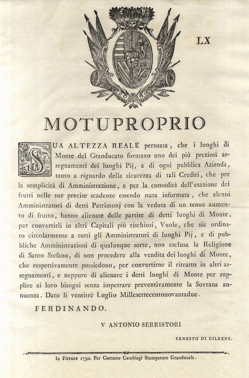 “Motuproprio”. Sua Altezza Reale persuasa, che i luoghi di Monte …